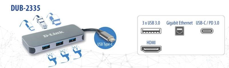 D-Link Hub USB-C 6-en-1 avec HDMI/Gigabit Ethernet/alimentation DUB-2335