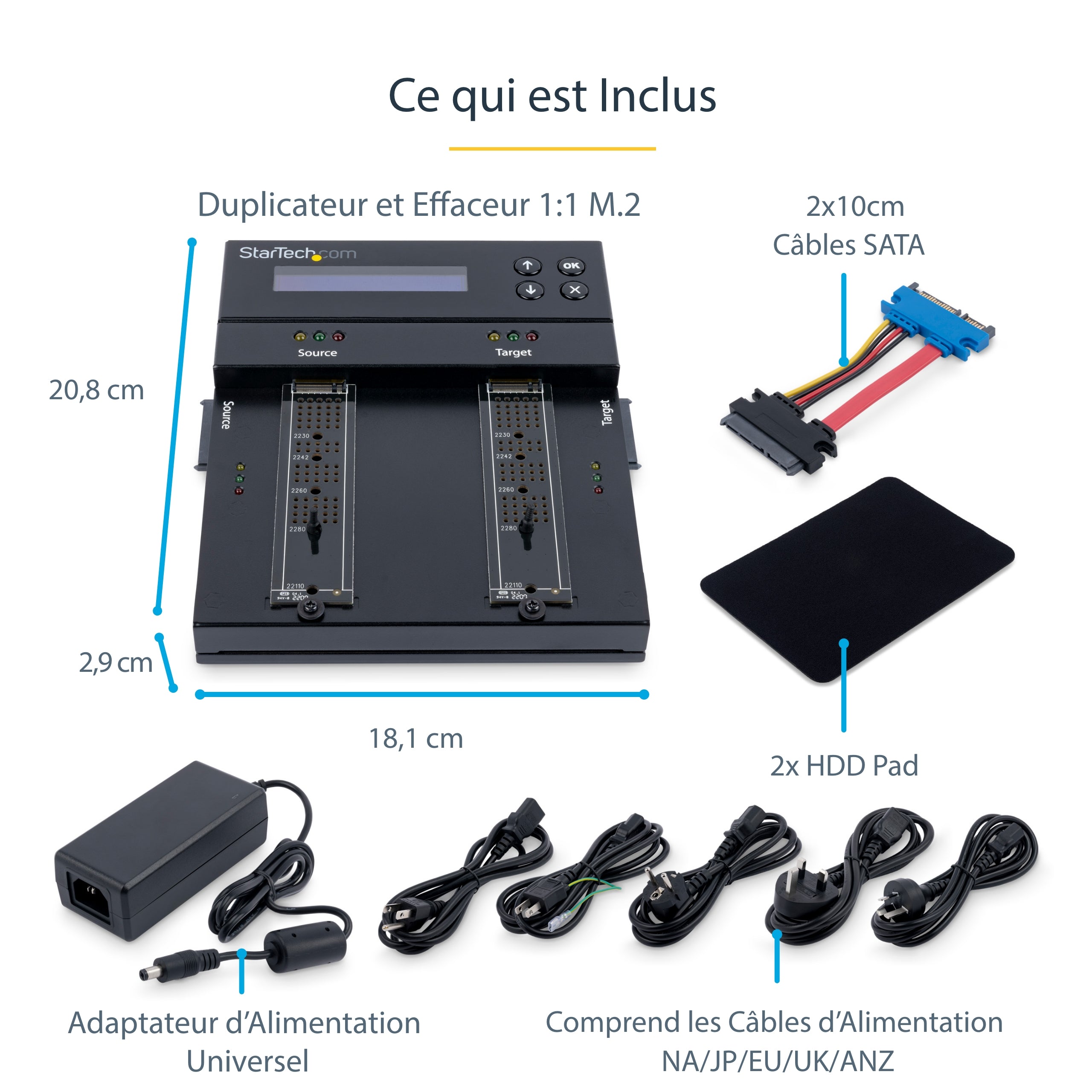 StarTech.com Duplicateur et effaceur autonome M.2 SATA & M.2 NVMe - Cloneur/effaceur HDD/SSD M.2 PCIe AHCI/NVMe, M.2 SATA, 2.5/3.5" SATA - Effaceur/duplicateur de disque dur externe, TAA