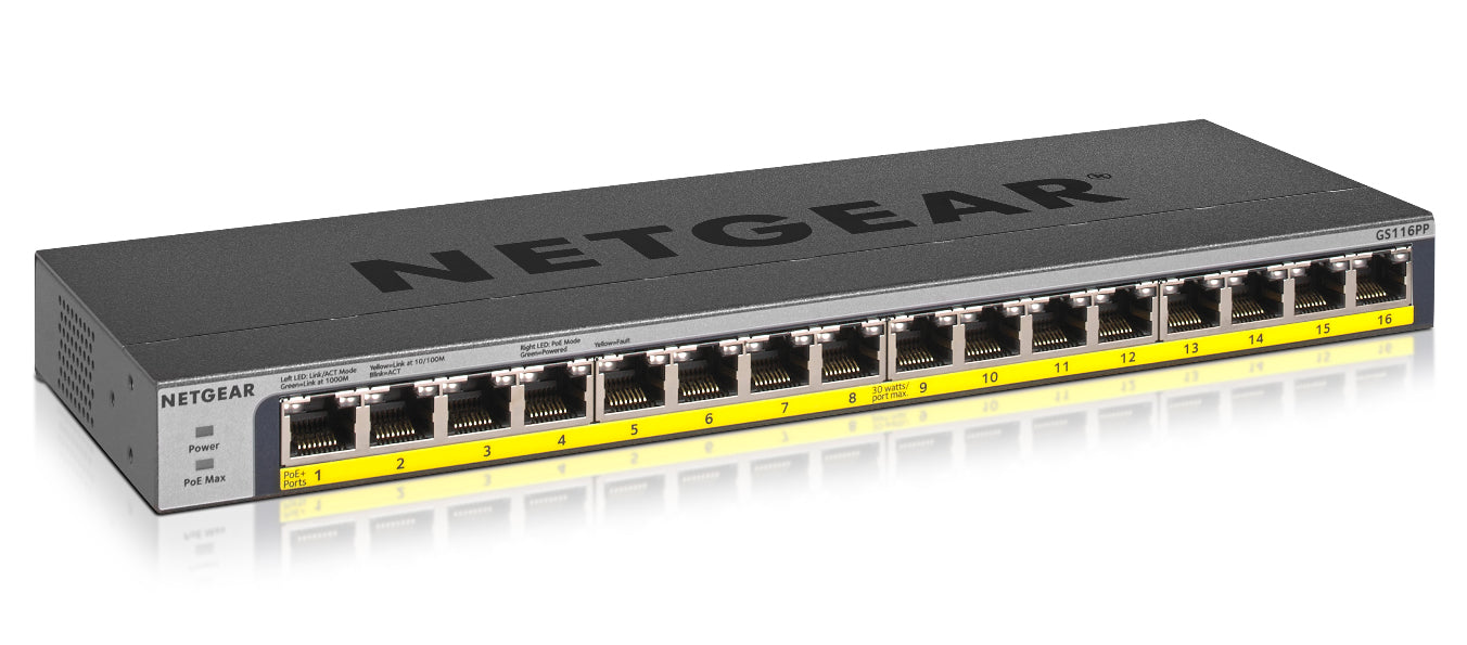 NETGEAR GS116PP Non-géré Gigabit Ethernet (10/100/1000) Connexion Ethernet, supportant l'alimentation via ce port (PoE) Noir
