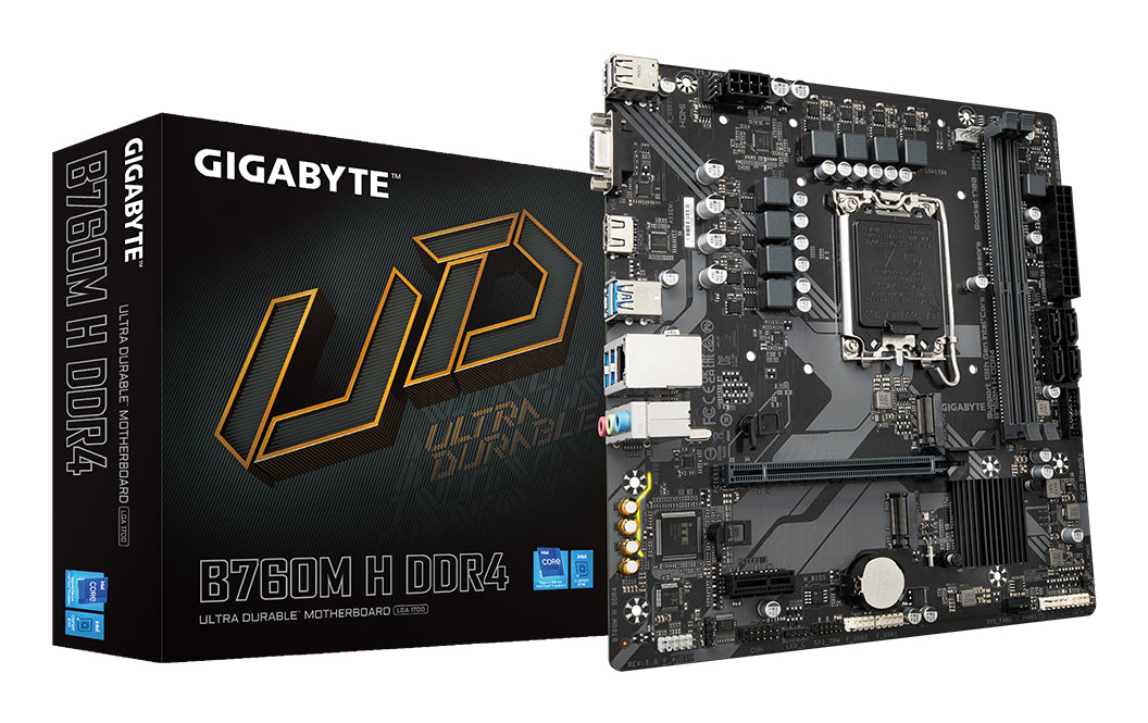 GIGABYTE B760M H DDR4 Carte Mère - Prend en charge les processeurs Intel Core 14e génération, VRM numérique 6+1+1 phases, jusqu'à 3200MHz DDR4 (OC), 2xPCIe 4.0 M.2, GbE LAN, USB 3.2 Gen1