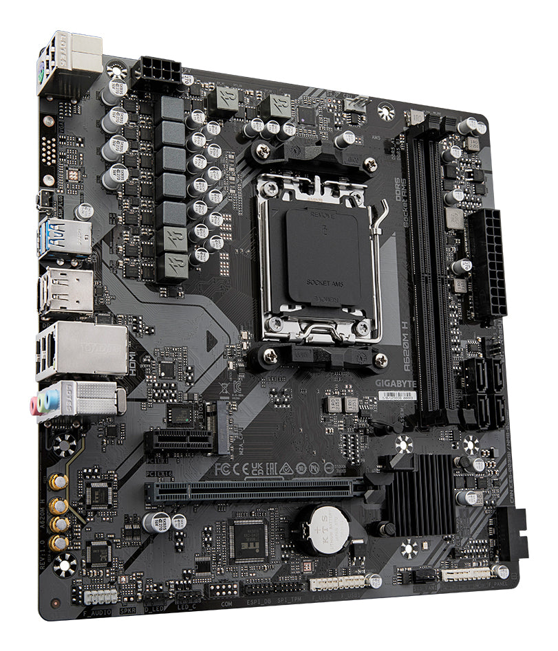 GIGABYTE A620M H Carte Mère - Prend en charge les processeurs AMD Ryzen 8000, VRM numérique 5+2+2 phases, jusqu'à 7200MHz DDR5 (OC), 1xPCIe 4.0 M.2, LAN GbE, USB 3.2 Gen 1