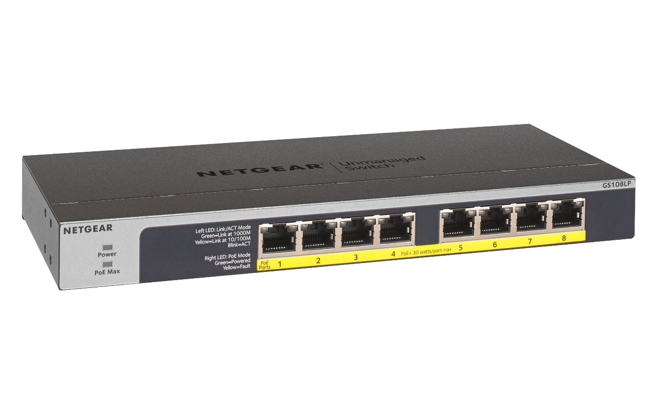 NETGEAR GS108LP Non-géré Gigabit Ethernet (10/100/1000) Connexion Ethernet, supportant l'alimentation via ce port (PoE) 1U Noir, Gris