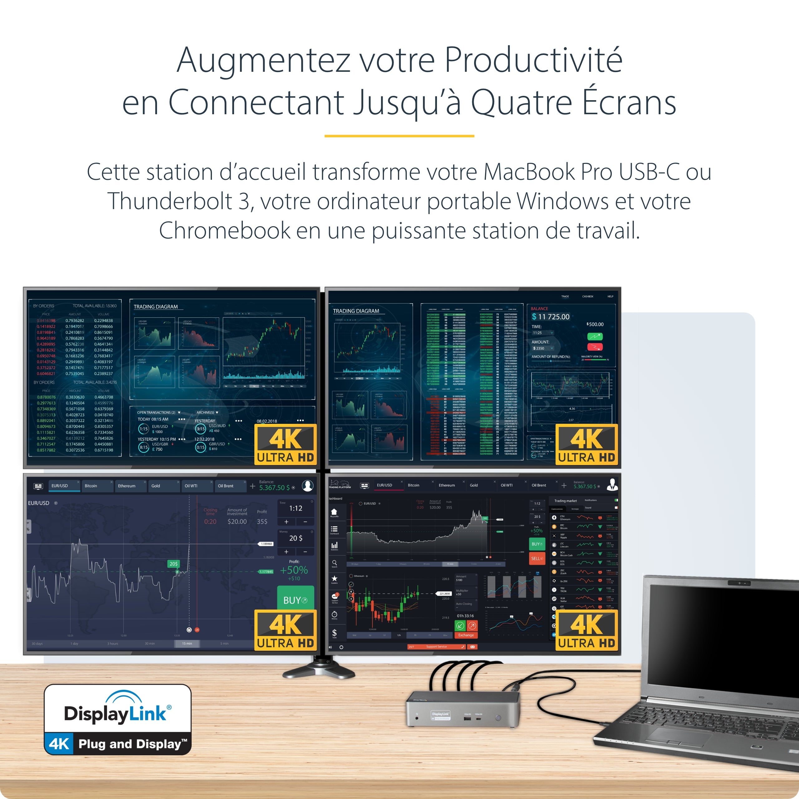 StarTech.com Dock USB-C - Mini Dock avec Hub USB-C HDMI avec 1x USB Type-C & 3x USB-A, Ethernet, Audio - Mini Docking Station USB-C HDMI DisplayPort pour 4 Écrans - Station d'Accueil Universelle USB-C