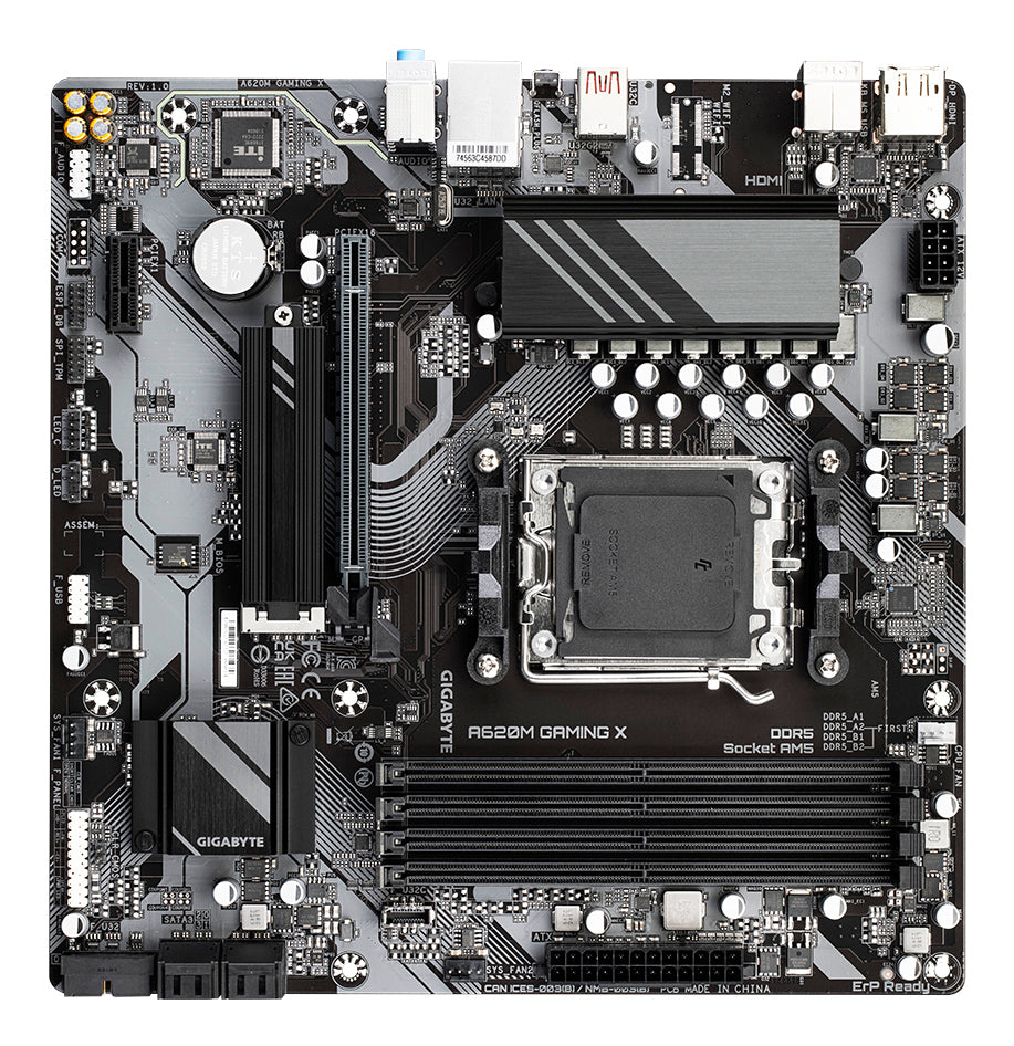 GIGABYTE A620M GAMING X Carte Mère - Prend en charge les processeurs AMD Ryzen 8000, VRM numérique 8+2+1 phases, jusqu'à 8000MHz DDR5 (OC), 1xPCIe 4.0 M.2, LAN GbE, USB 3.2 Gen 2