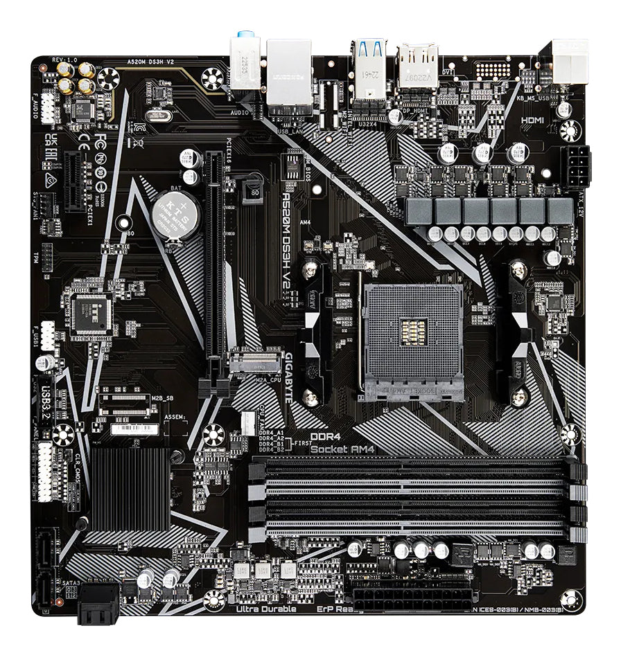 GIGABYTE Carte mère A520M DS3H V2 - Prend en charge les processeurs AMD Ryzen série 5000 AM4, jusqu'à 4733 MHz DDR4 (OC), PCIe 3.0 x16, LAN GbE, USB 3.2 Gen 1