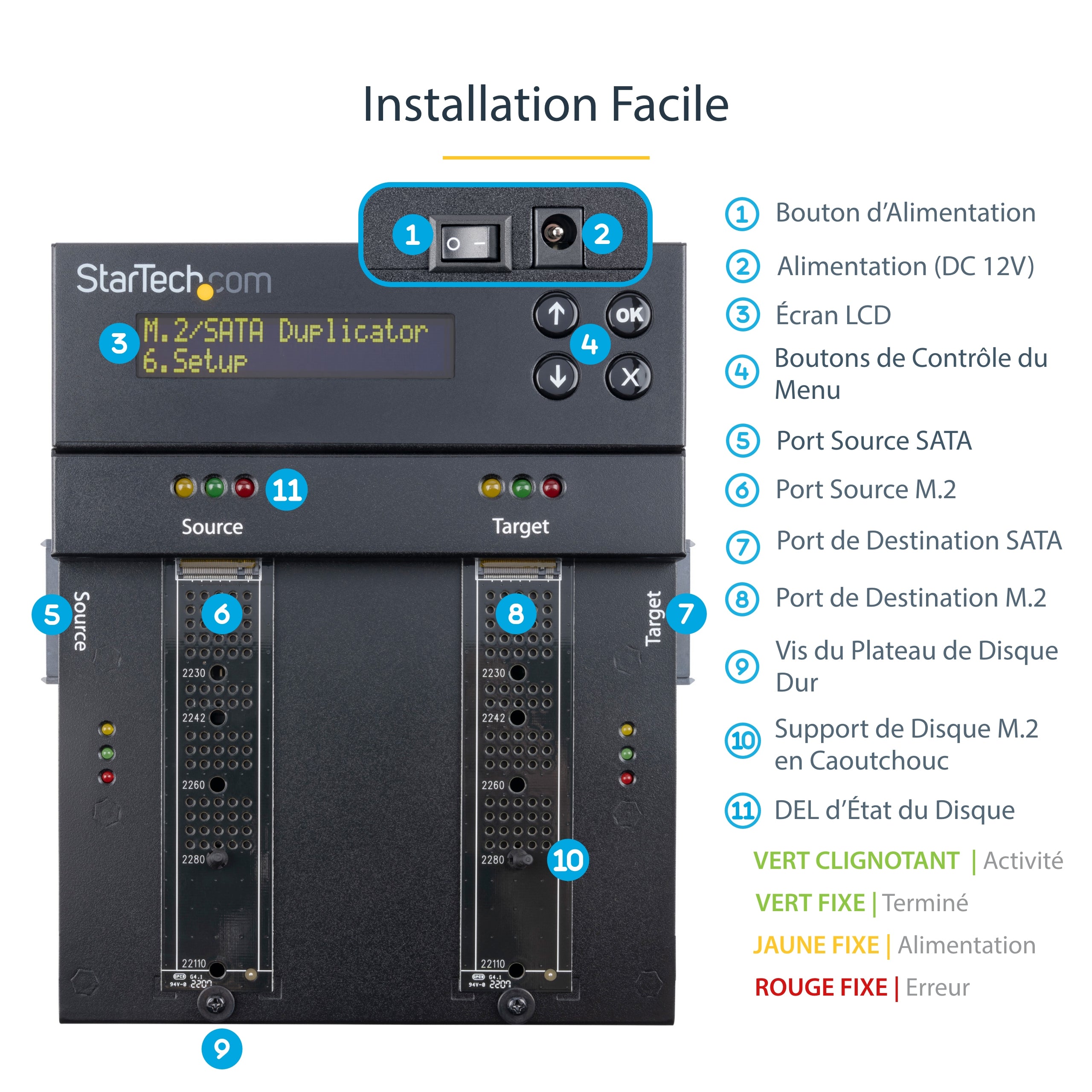 StarTech.com Duplicateur et effaceur autonome M.2 SATA & M.2 NVMe - Cloneur/effaceur HDD/SSD M.2 PCIe AHCI/NVMe, M.2 SATA, 2.5/3.5" SATA - Effaceur/duplicateur de disque dur externe, TAA