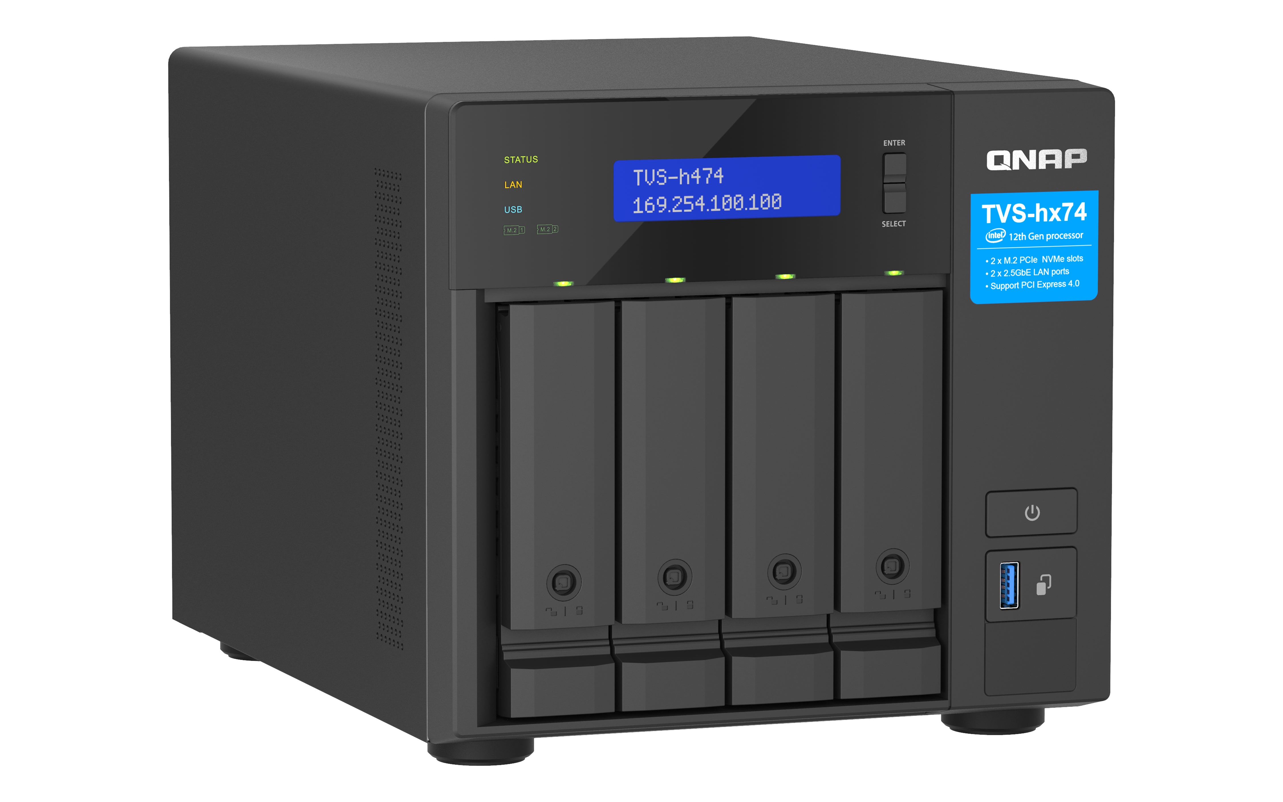 QNAP TVS-H474 NAS Tower Intel® Pentium® G7400 8 Go DDR4 0 To QuTS hero Noir