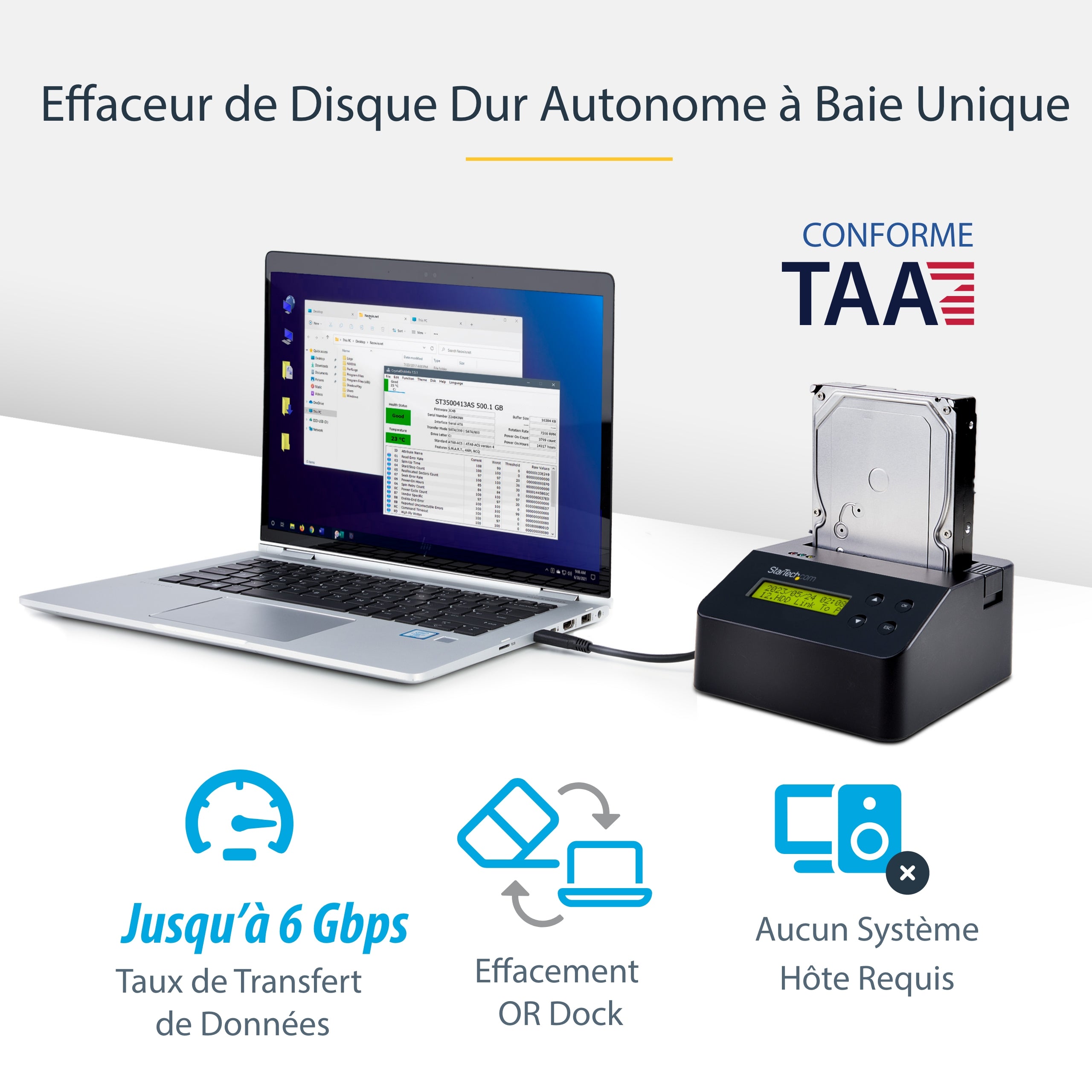 StarTech.com Effaceur de Disque Dur à Baie Unique, Nettoyeur d'HDD/SSD Autonome, 4Kn, USB 3.0 à SATA III (6 Gbps), 9 Modes d'Effacement, Dock Nettoyeur de Disque Dur Secure Erase, Port d'Imprimante DB-9, TAA