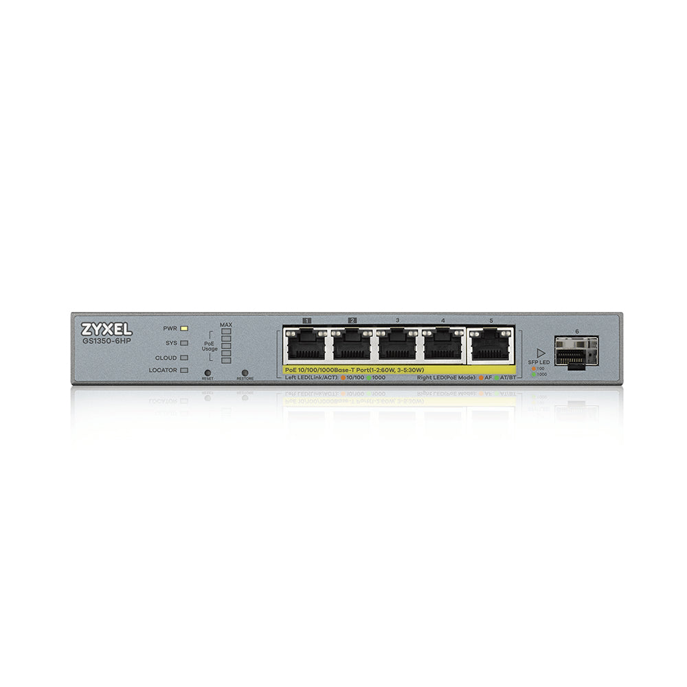 Zyxel GS1350-6HP-EU0101F commutateur réseau Géré L2 Gigabit Ethernet (10/100/1000) Connexion Ethernet, supportant l'alimentation via ce port (PoE) Gris