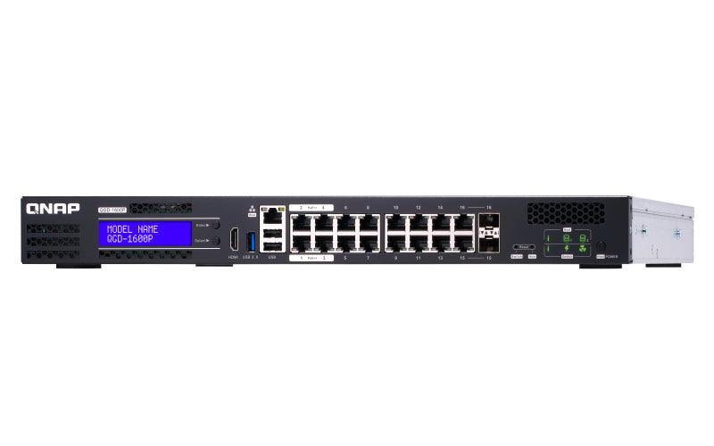 QNAP QGD-1600P Géré Gigabit Ethernet (10/100/1000) Connexion Ethernet, supportant l'alimentation via ce port (PoE) 1U Noir, Gris