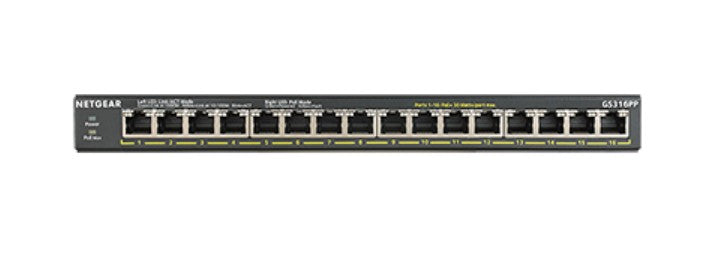 NETGEAR GS316PP Non-géré Gigabit Ethernet (10/100/1000) Connexion Ethernet, supportant l'alimentation via ce port (PoE) Noir