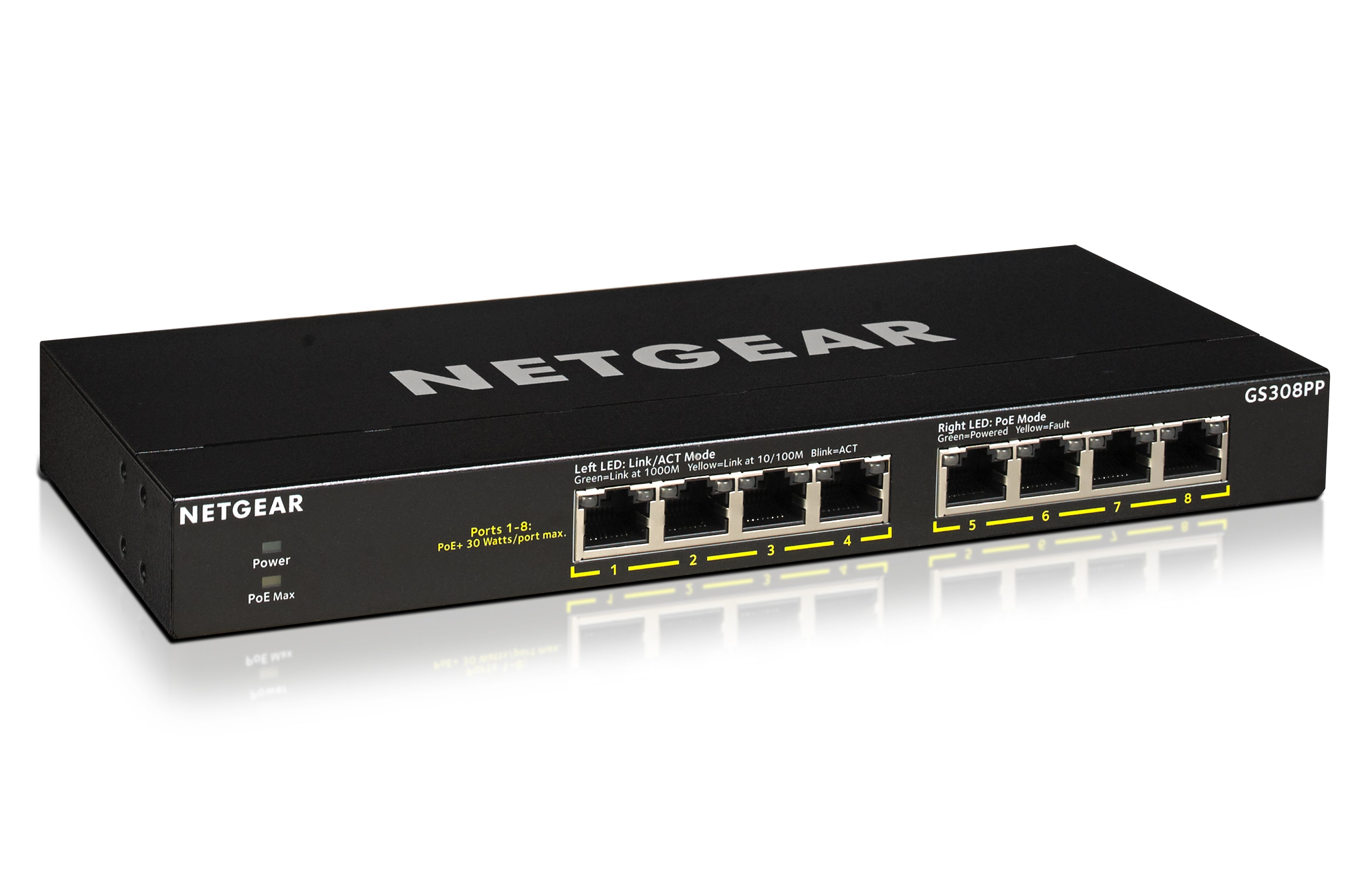 NETGEAR GS308PP Non-géré Gigabit Ethernet (10/100/1000) Connexion Ethernet, supportant l'alimentation via ce port (PoE) Noir
