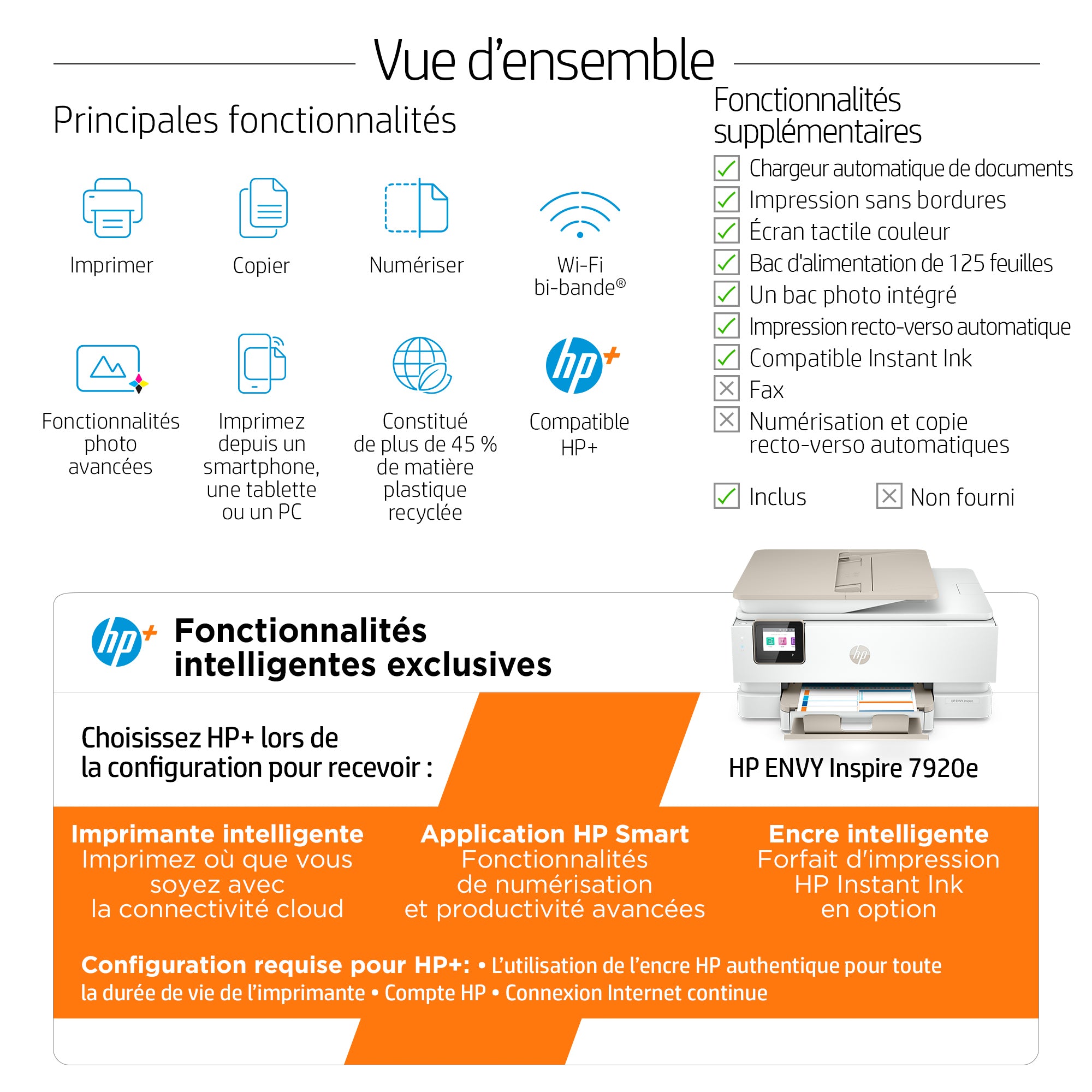 HP ENVY Inspire 7920e Sans fil All-in-One Couleur Imprimante, Instant Ink; copieur, scanner