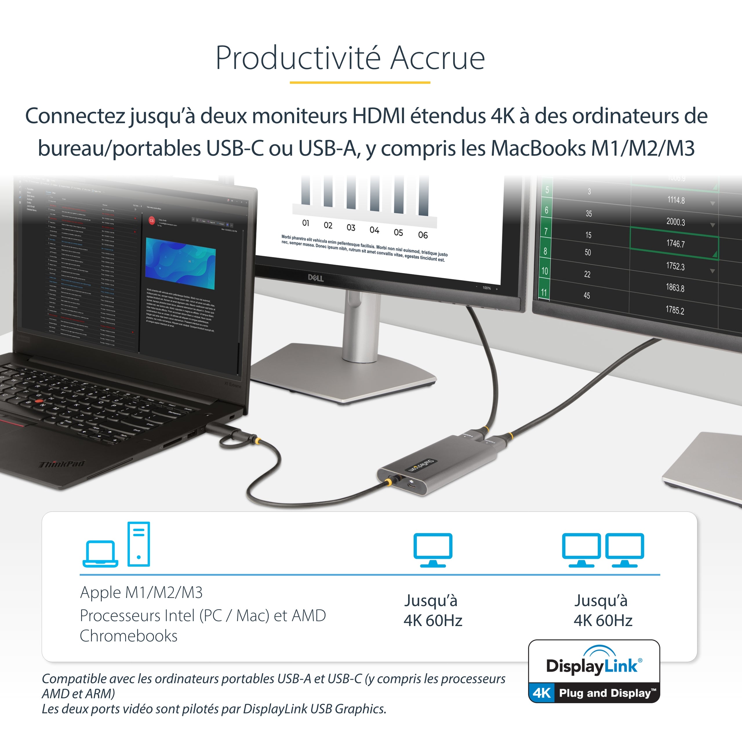 StarTech.com Adaptateur USB-C vers Double HDMI - USB-C ou A vers 2x HDMI - 4K 60Hz - 100W Power Delivery Pass-Through - Adaptateur Vidéo avec Câble Intégré de 30cm - Convertisseur USB-C vers HDMI pour PC Portable