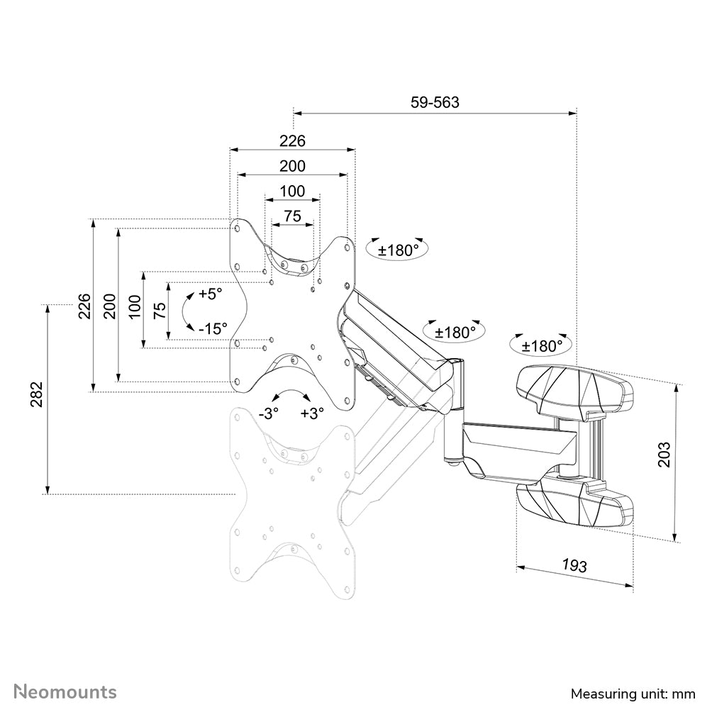 Neomounts WL70-550BL12 Support mural pour écran 23-42" - ressort à gaz - orientable