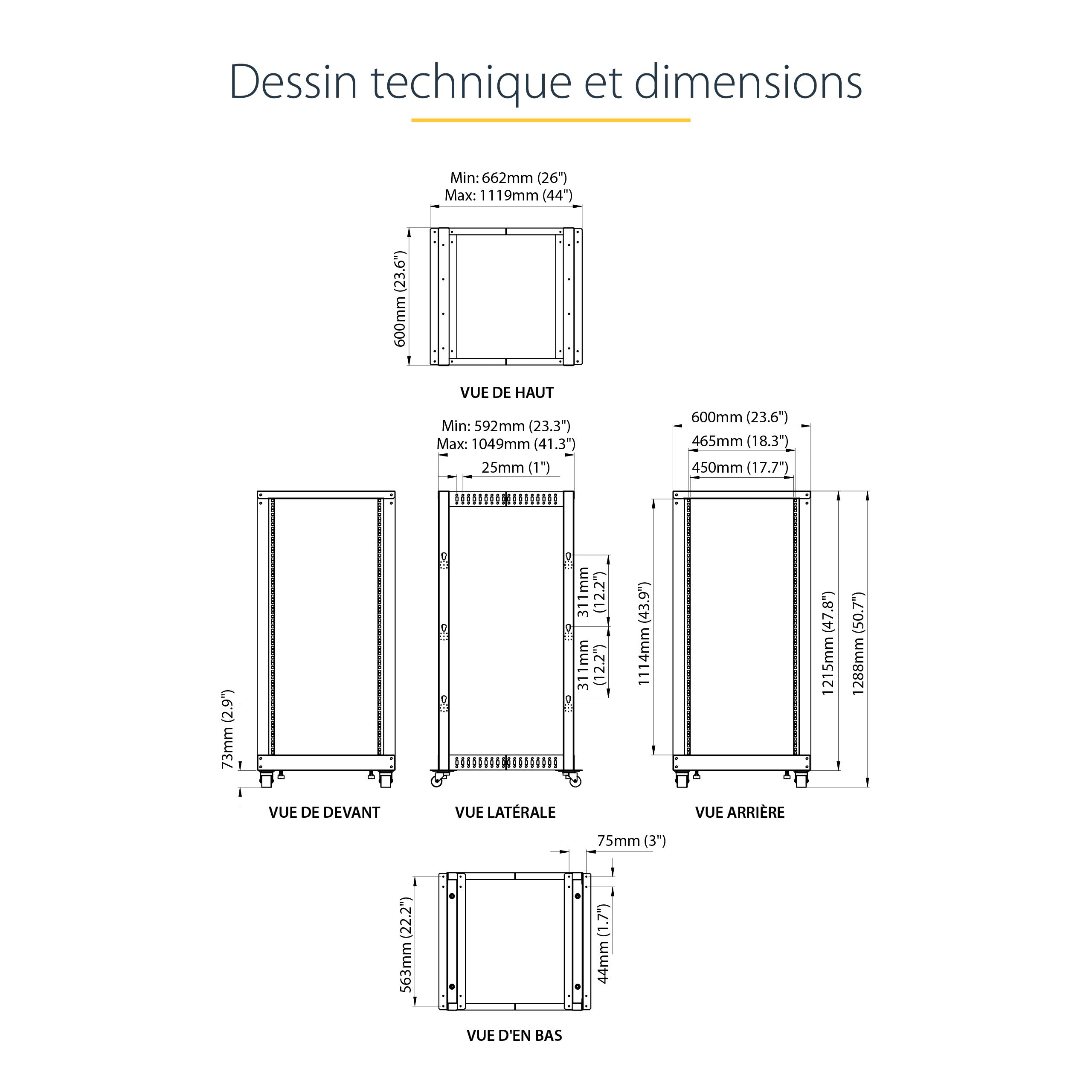 StarTech.com Rack Serveur Mobile 25U 4 Poteaux, Rack Réseau 19" 4 Poteaux avec Roulettes, Rack Roulant avec Profondeur Ajustable pour PC/AV/Données/Informatique - Roulettes, Pieds de nivellement ou Fixation au Sol