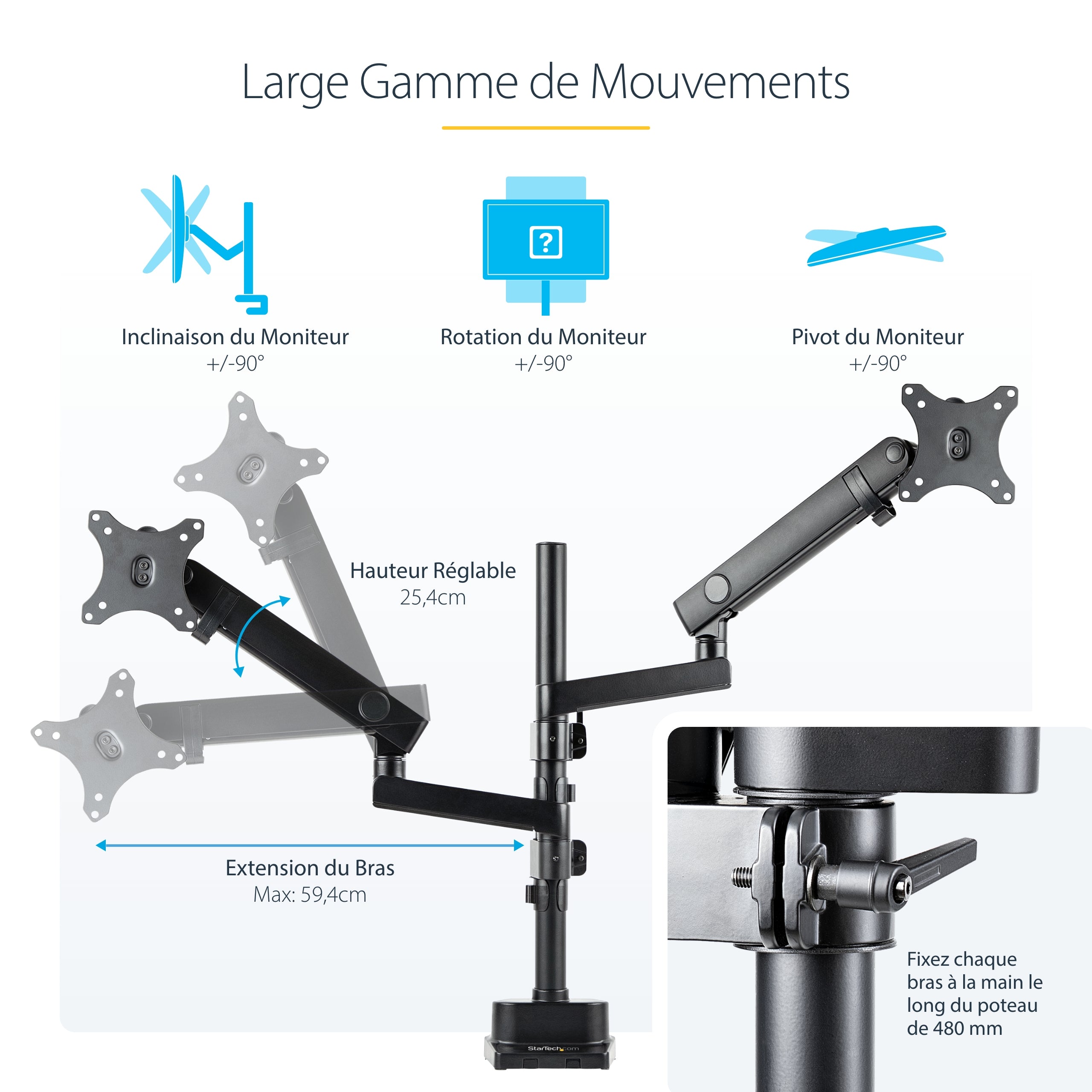 StarTech.com Support Double Écran PC - Bras Double Moniteur VESA - 32" 8kg - Empilables Verticalement - Porte 2 Écrans Hauteur Réglable/Articulé - Fixation Pince/œillet