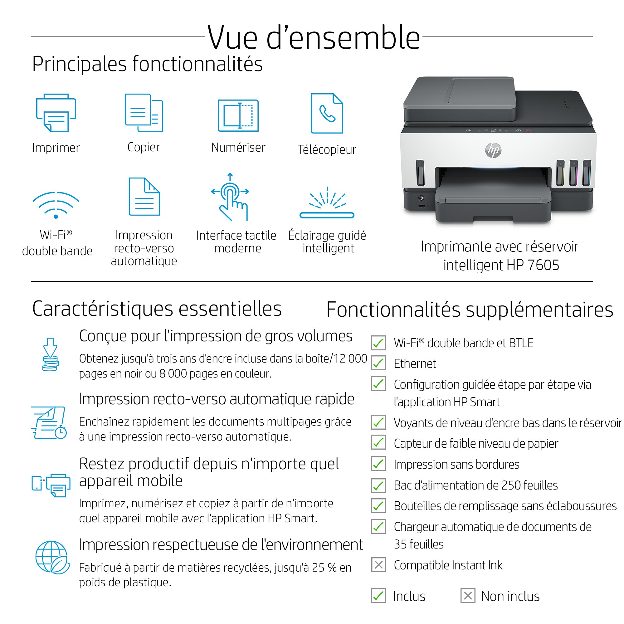 HP Smart Tank 7605 Sans fil All-in-One Couleur Imprimante, Impression recto-verso; copieur, scanner