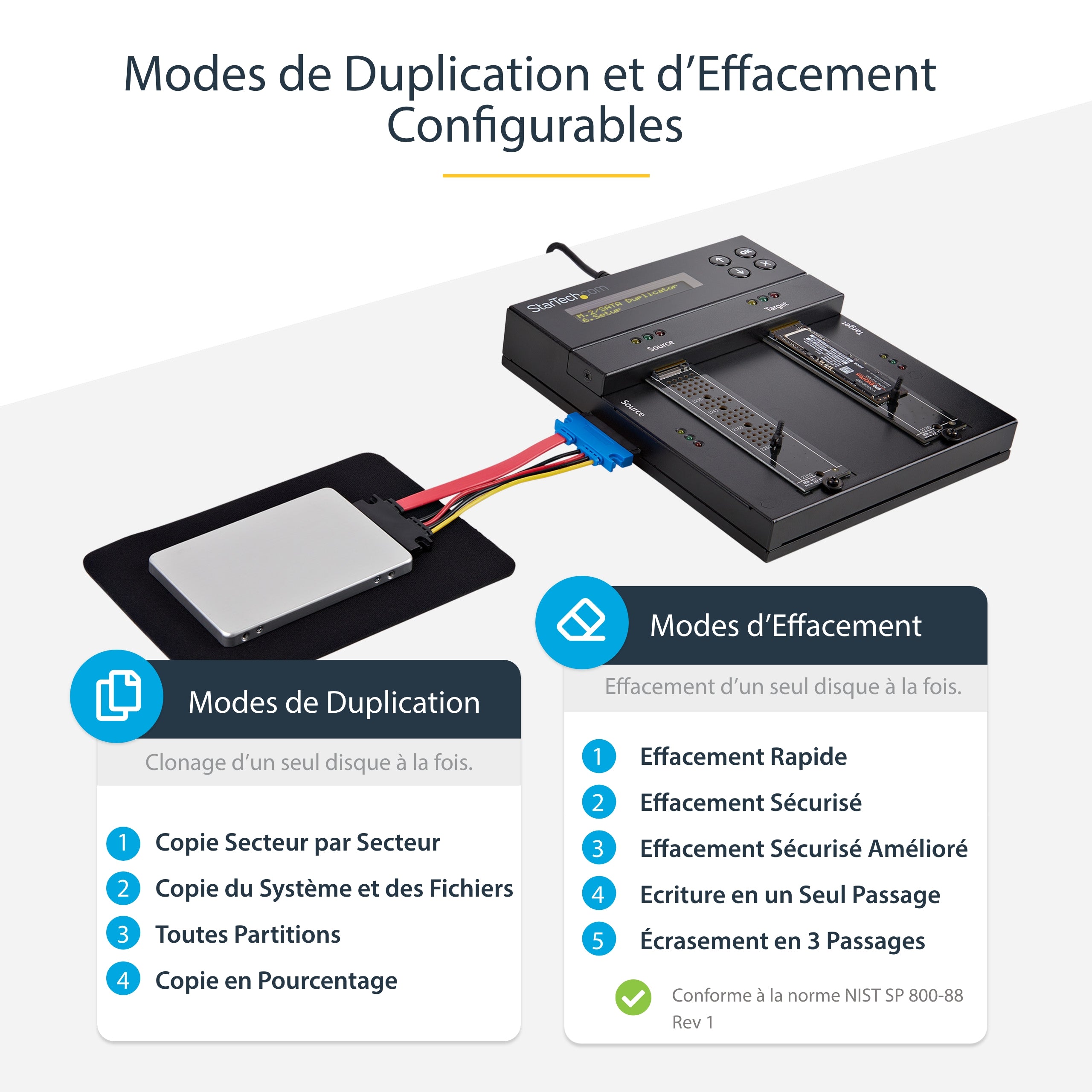 StarTech.com Duplicateur et effaceur autonome M.2 SATA & M.2 NVMe - Cloneur/effaceur HDD/SSD M.2 PCIe AHCI/NVMe, M.2 SATA, 2.5/3.5" SATA - Effaceur/duplicateur de disque dur externe, TAA