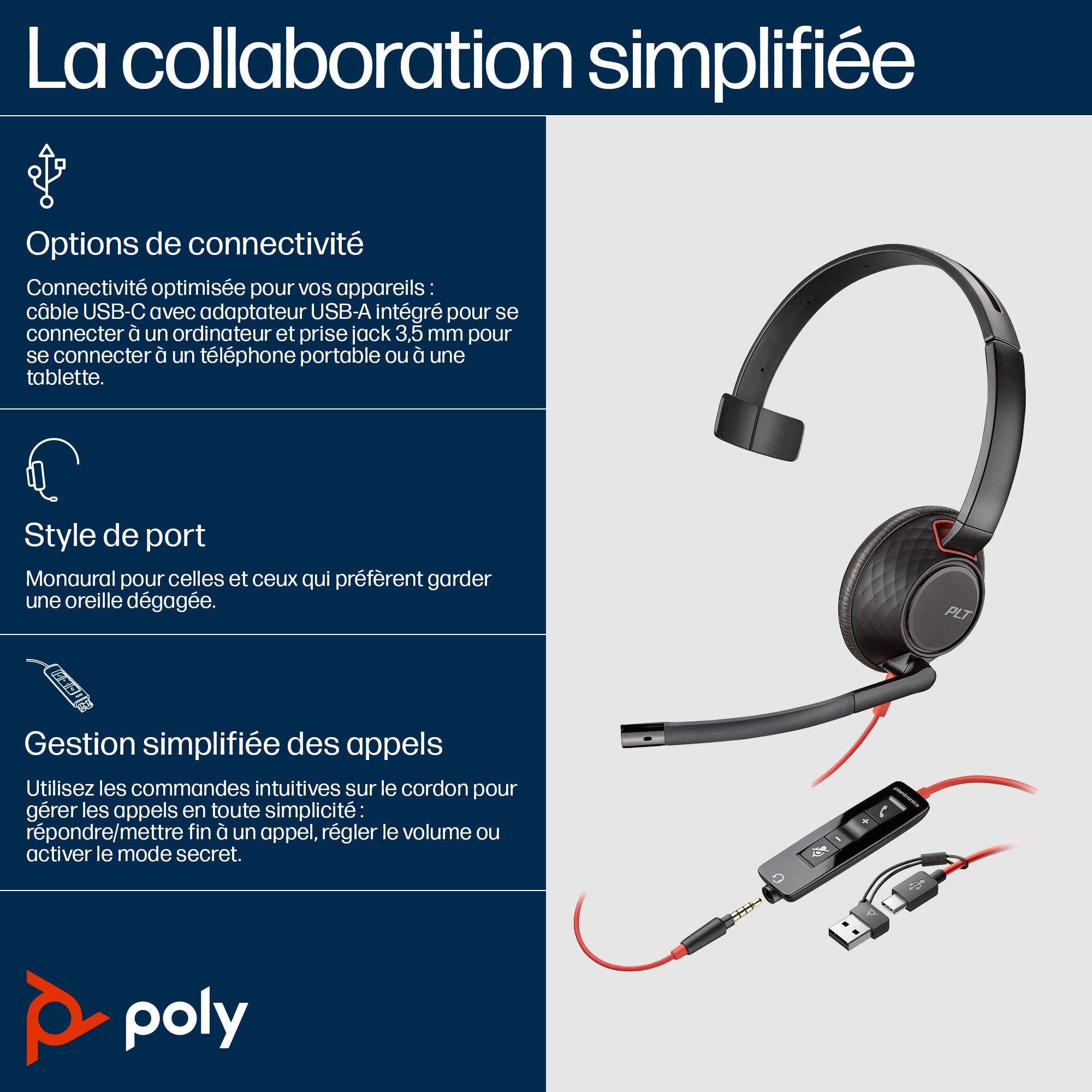 Poly Micro-casque monaural USB-C Blackwire 5210 + prise 3,5 mm + adaptateur USB-C/A
