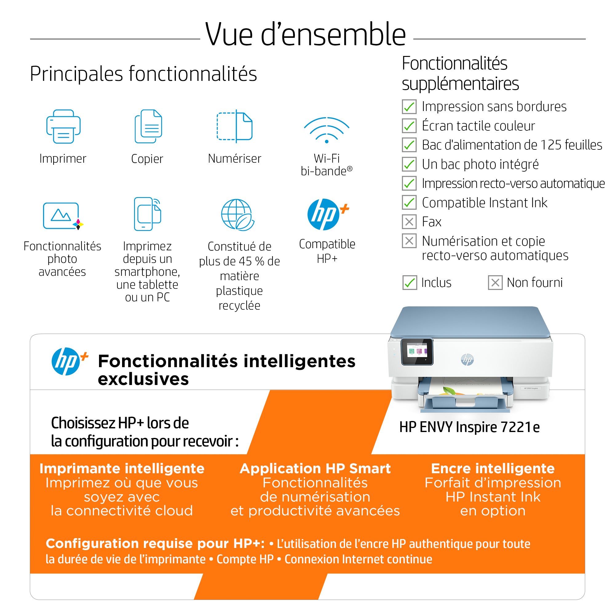 HP ENVY Inspire 7221e Sans fil All-in-One Couleur Imprimante, Instant Ink; Impression photo