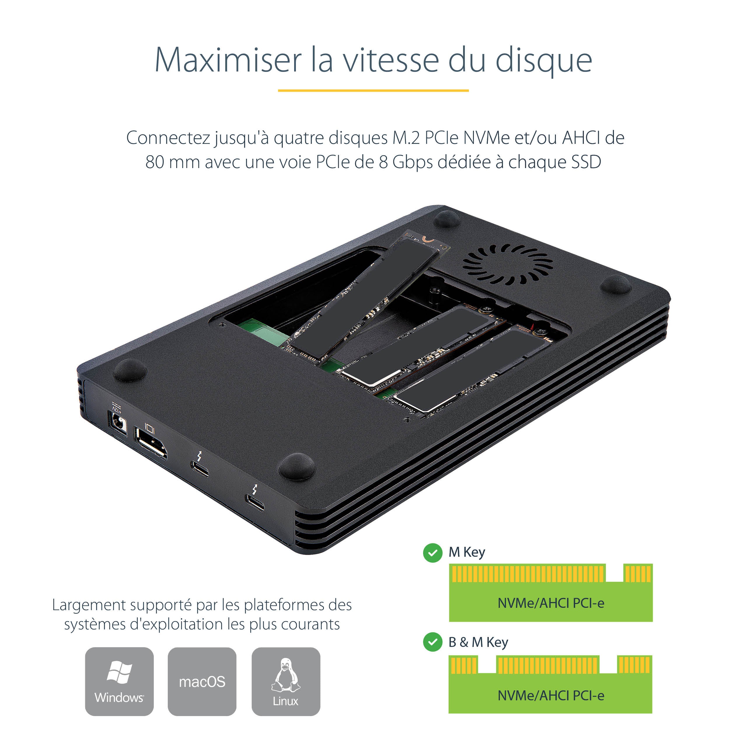 StarTech.com Boîtier SSD M.2 NVMe Thunderbolt 3 à 4 Baies - Boîtier Disque Dur Externe 1 DisplayPort vidéo et 2 Ports TB3 Downstream - Boîtier pour Disque Dur - Boîtier SSD Externe, 40Gbps, Alimentation 72W