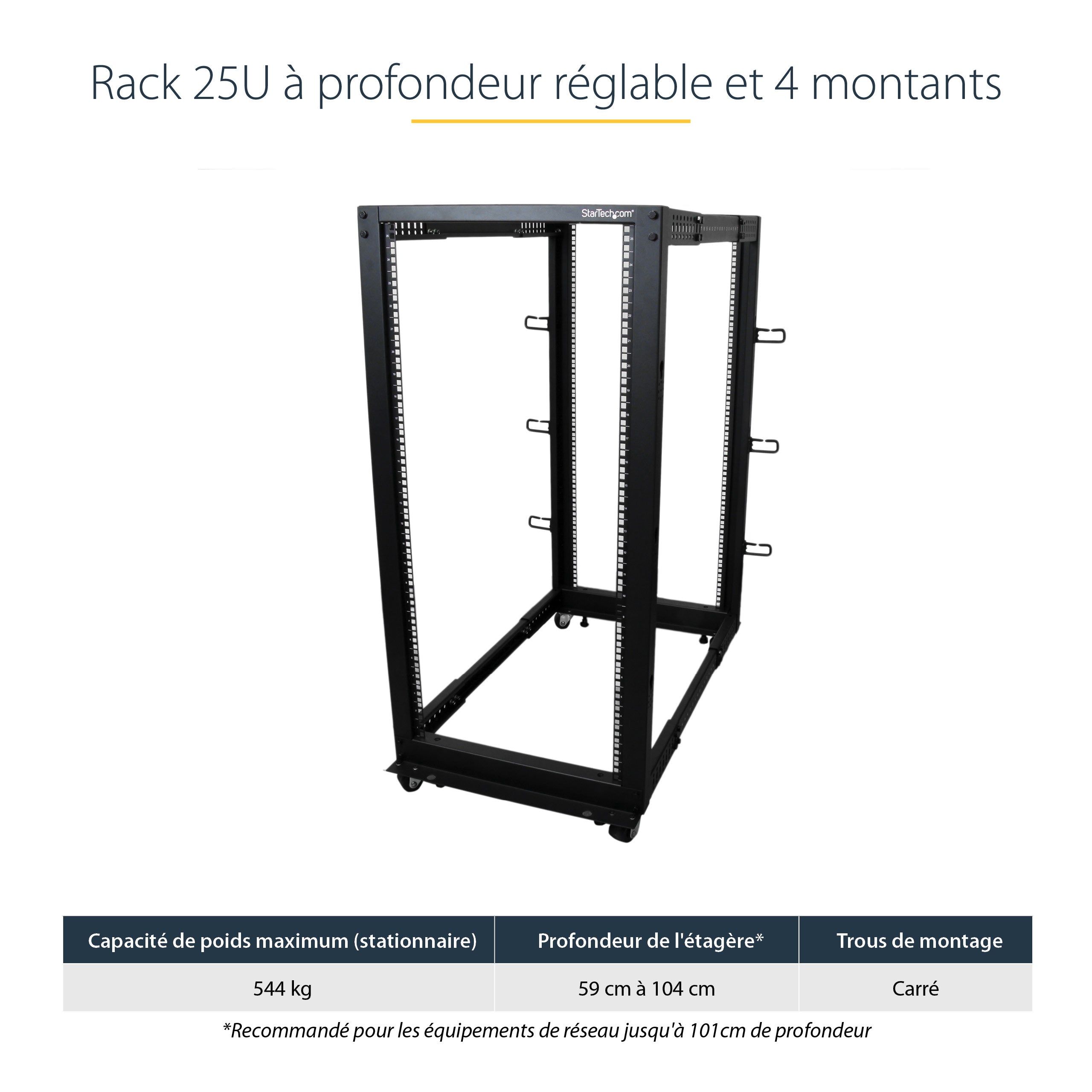 StarTech.com Rack Serveur Mobile 25U 4 Poteaux, Rack Réseau 19" 4 Poteaux avec Roulettes, Rack Roulant avec Profondeur Ajustable pour PC/AV/Données/Informatique - Roulettes, Pieds de nivellement ou Fixation au Sol