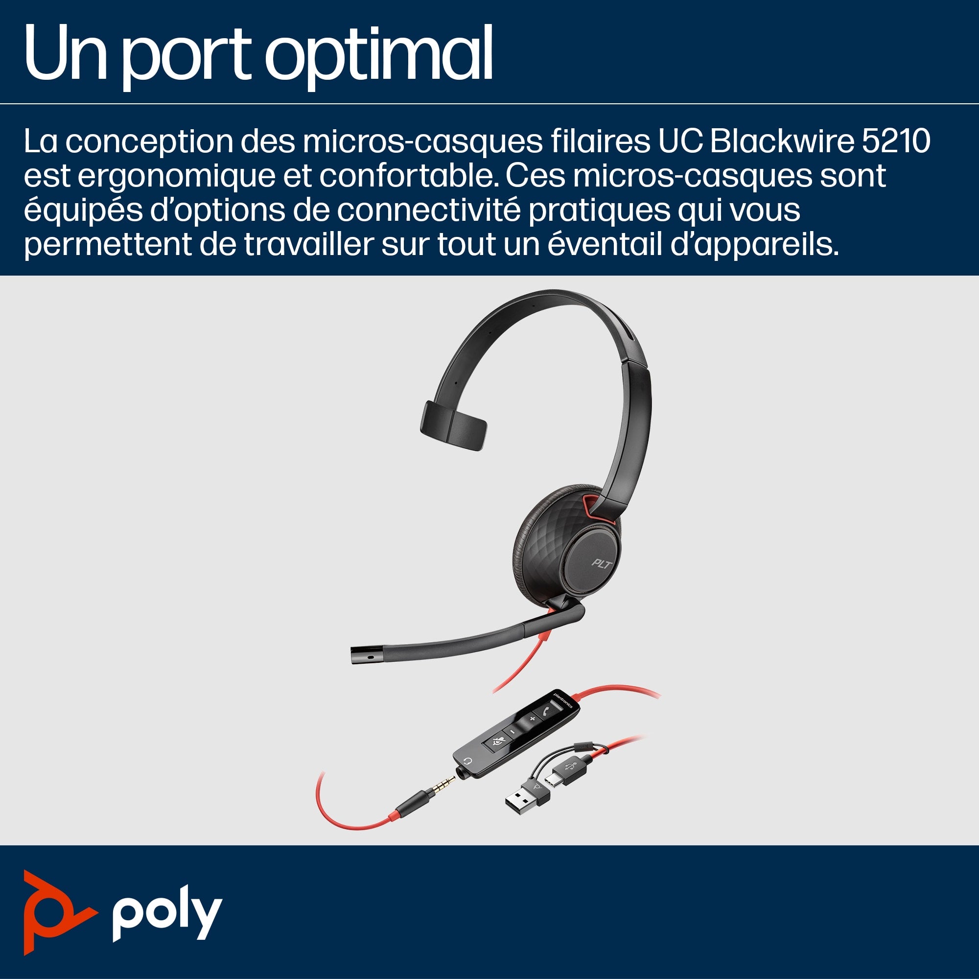 POLY Micro-casque monaural USB-C Blackwire 5210 + prise 3,5 mm + adaptateur USB-C/A