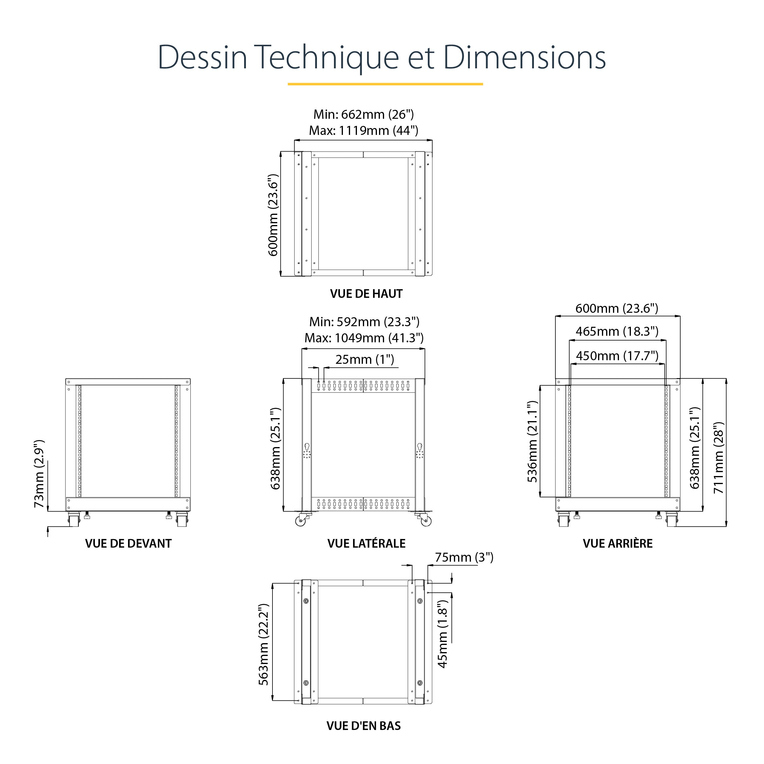 StarTech.com Rack Serveur Mobile 12U 4 Poteaux, Rack Réseau 19" 4 Poteaux avec Roulettes, Rack Roulant avec Profondeur Ajustable pour PC/AV/Données/Informatique - Roulettes, Pieds de nivellement ou Fixation au Sol