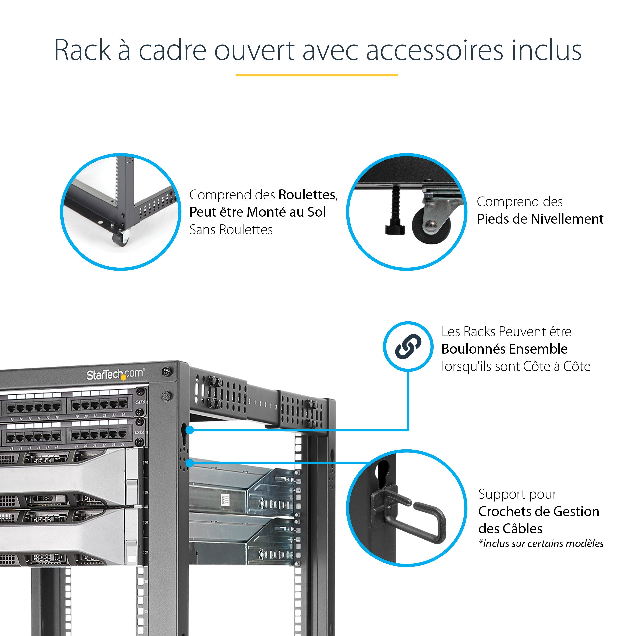 StarTech.com Rack Serveur Mobile 12U 4 Poteaux, Rack Réseau 19" 4 Poteaux avec Roulettes, Rack Roulant avec Profondeur Ajustable pour PC/AV/Données/Informatique - Roulettes, Pieds de nivellement ou Fixation au Sol