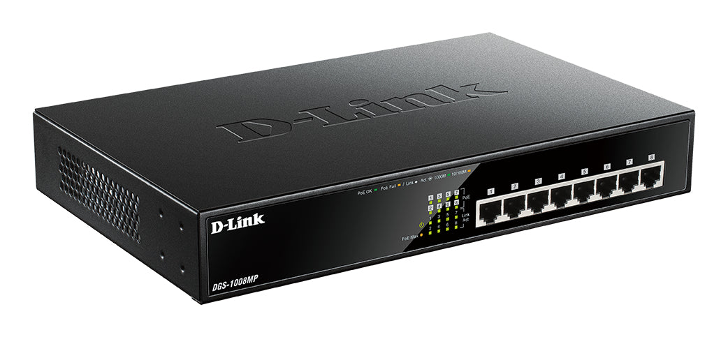 D-Link DGS-1008MP commutateur réseau Non-géré Gigabit Ethernet (10/100/1000) Connexion Ethernet, supportant l'alimentation via ce port (PoE) 1U Noir