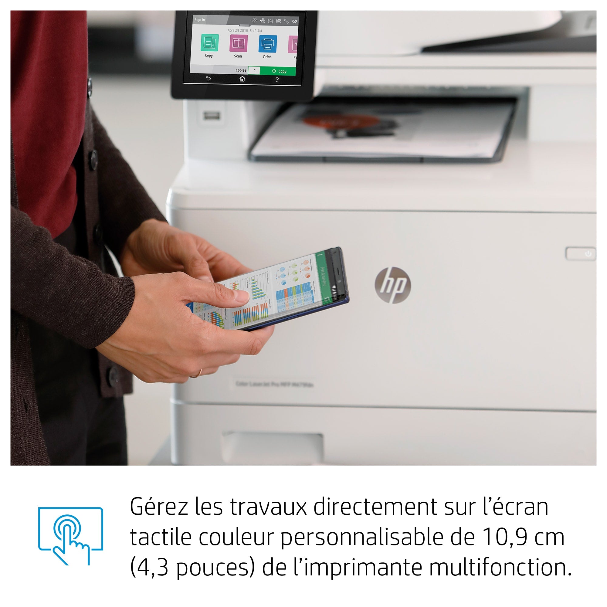 HP Color LaserJet Pro Imprimante multifonction M479fnw, Impression, copie, numérisation, télécopie, e-mail, Numérisation vers e-mail/PDF; Chargeur automatique de documents déroulé de 50 feuilles