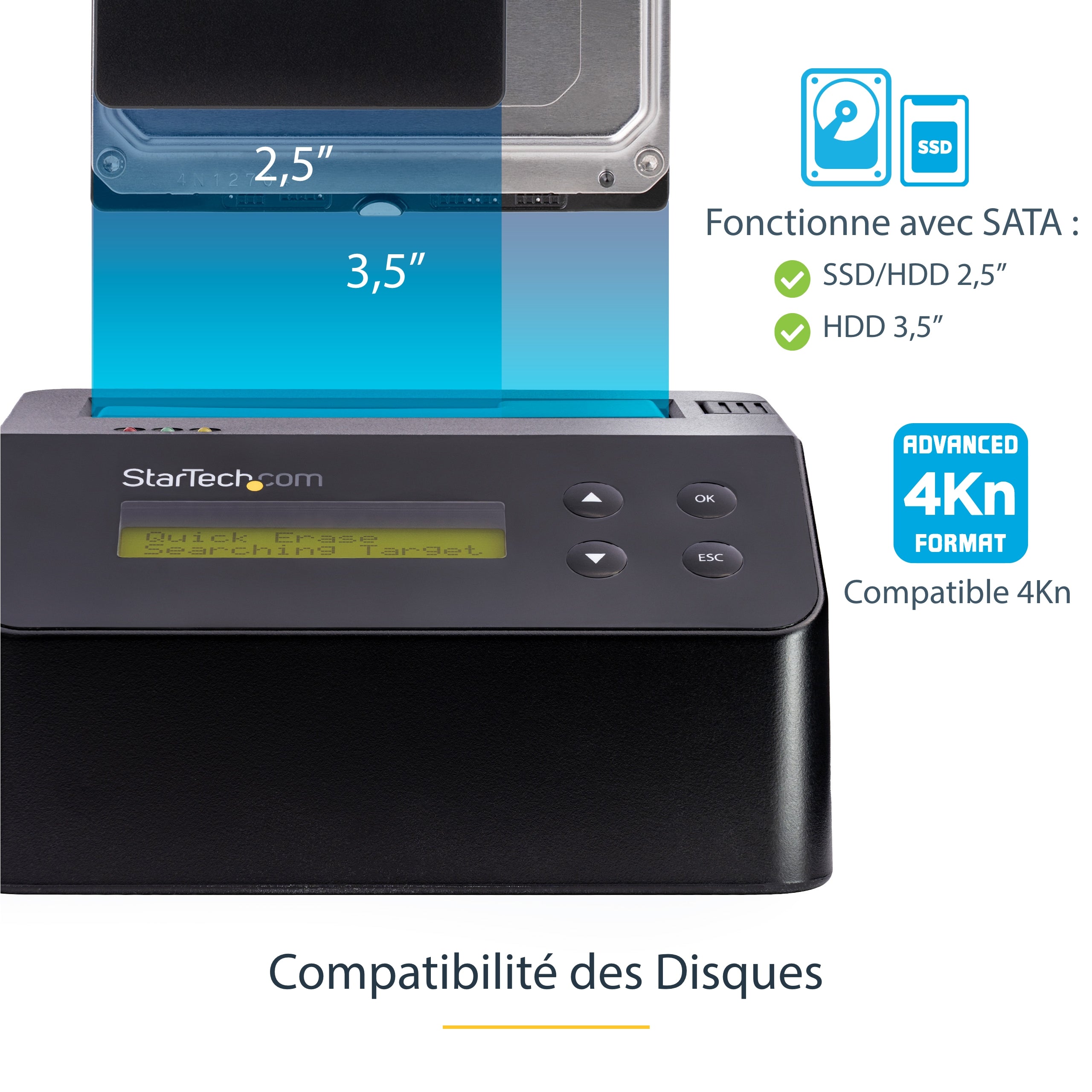 StarTech.com Effaceur de Disque Dur à Baie Unique, Nettoyeur d'HDD/SSD Autonome, 4Kn, USB 3.0 à SATA III (6 Gbps), 9 Modes d'Effacement, Dock Nettoyeur de Disque Dur Secure Erase, Port d'Imprimante DB-9, TAA