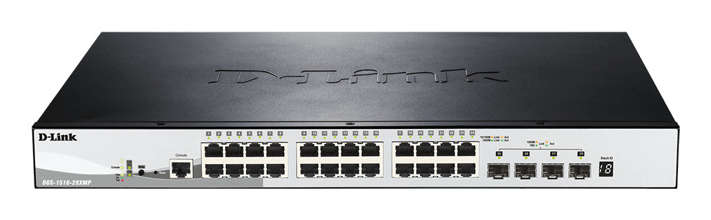 D-Link DGS-1510-28XMP Géré L2/L3 Gigabit Ethernet (10/100/1000) Connexion Ethernet, supportant l'alimentation via ce port (PoE) Noir, Gris