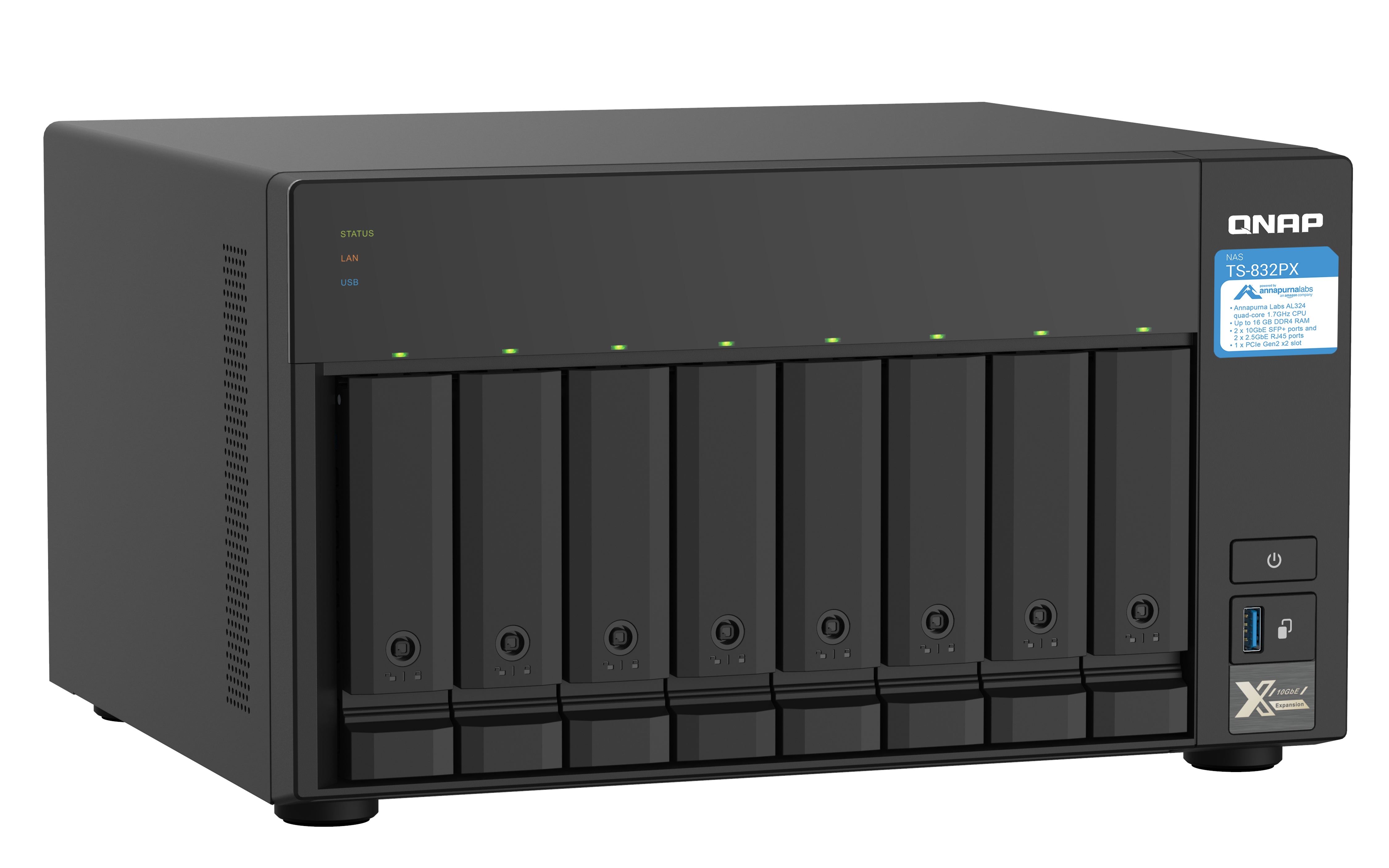 QNAP TS-832PX NAS Tower Annapurna Labs AL324 4 Go DDR4 0 To QNAP Turbo System Aluminium, Noir