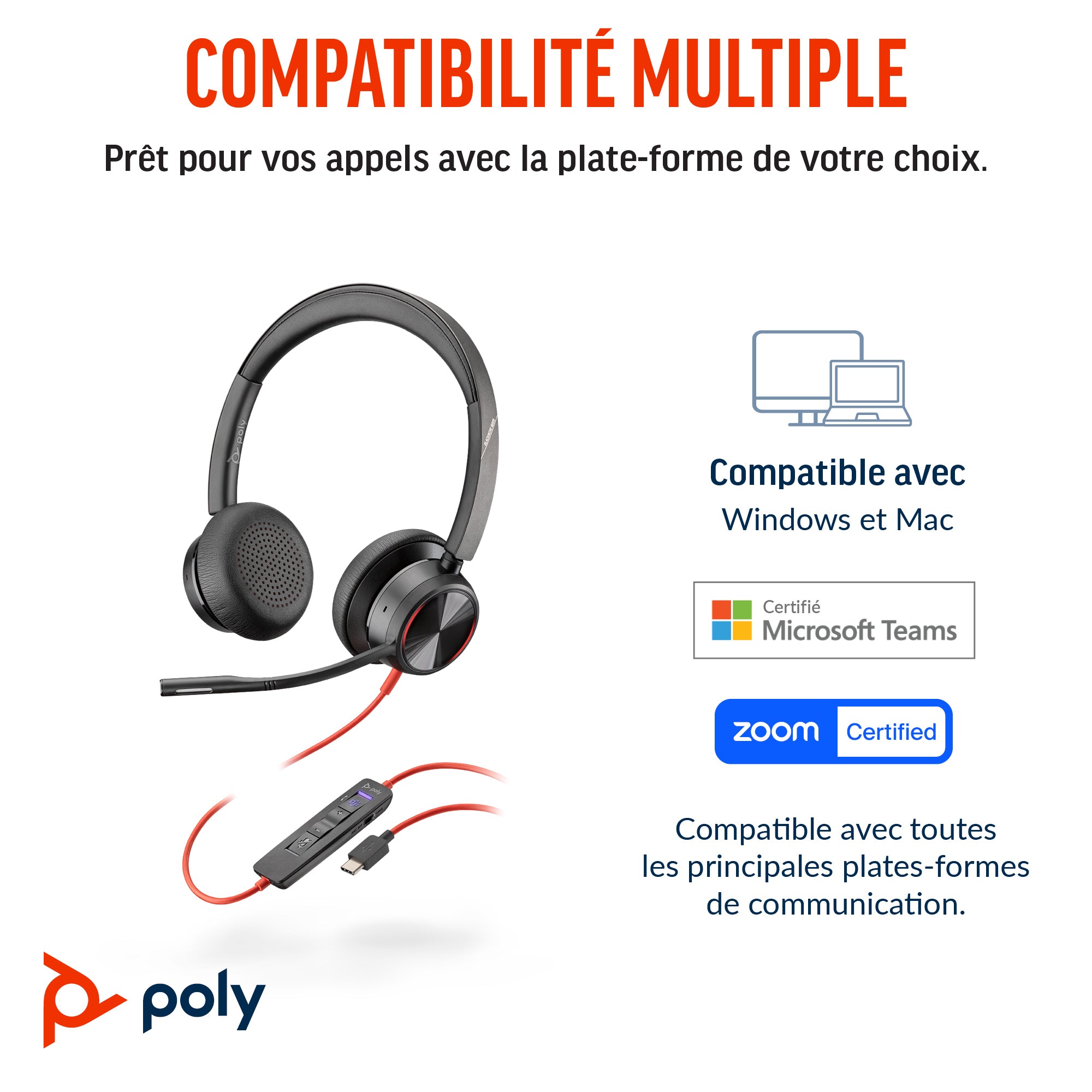 Poly Micro-casque Blackwire 8225 stéréo USB-C + adaptateur USB-C/A