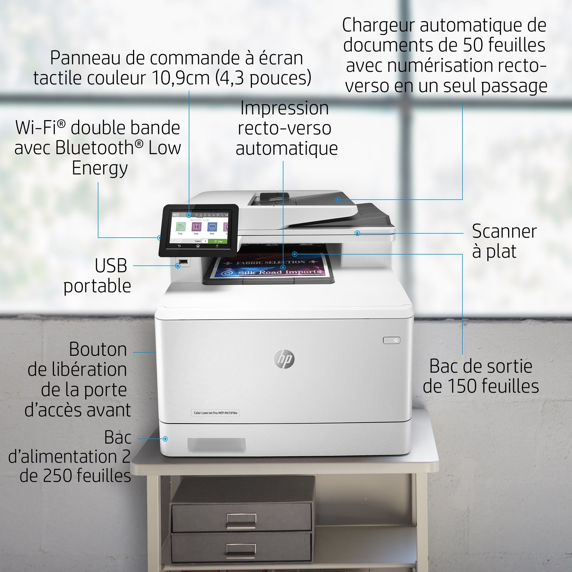 HP Color LaserJet Pro Imprimante multifonction M479fnw, Impression, copie, numérisation, télécopie, e-mail, Numérisation vers e-mail/PDF; Chargeur automatique de documents déroulé de 50 feuilles
