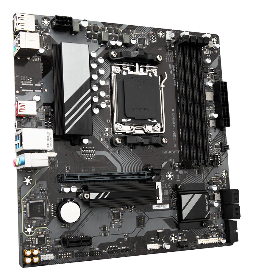 GIGABYTE A620M GAMING X Carte Mère - Prend en charge les processeurs AMD Ryzen 8000, VRM numérique 8+2+1 phases, jusqu'à 8000MHz DDR5 (OC), 1xPCIe 4.0 M.2, LAN GbE, USB 3.2 Gen 2