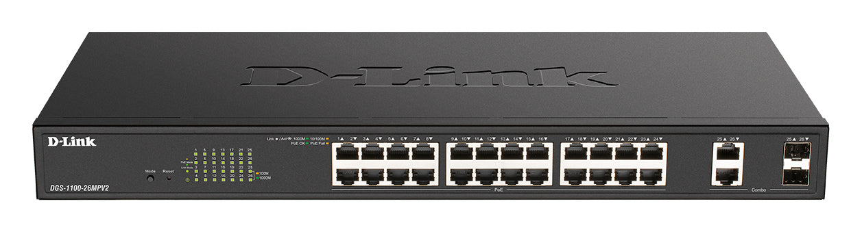 D-Link DGS-1100-26MPV2/E commutateur réseau Géré L2 Gigabit Ethernet (10/100/1000) Connexion Ethernet, supportant l'alimentation via ce port (PoE) Noir